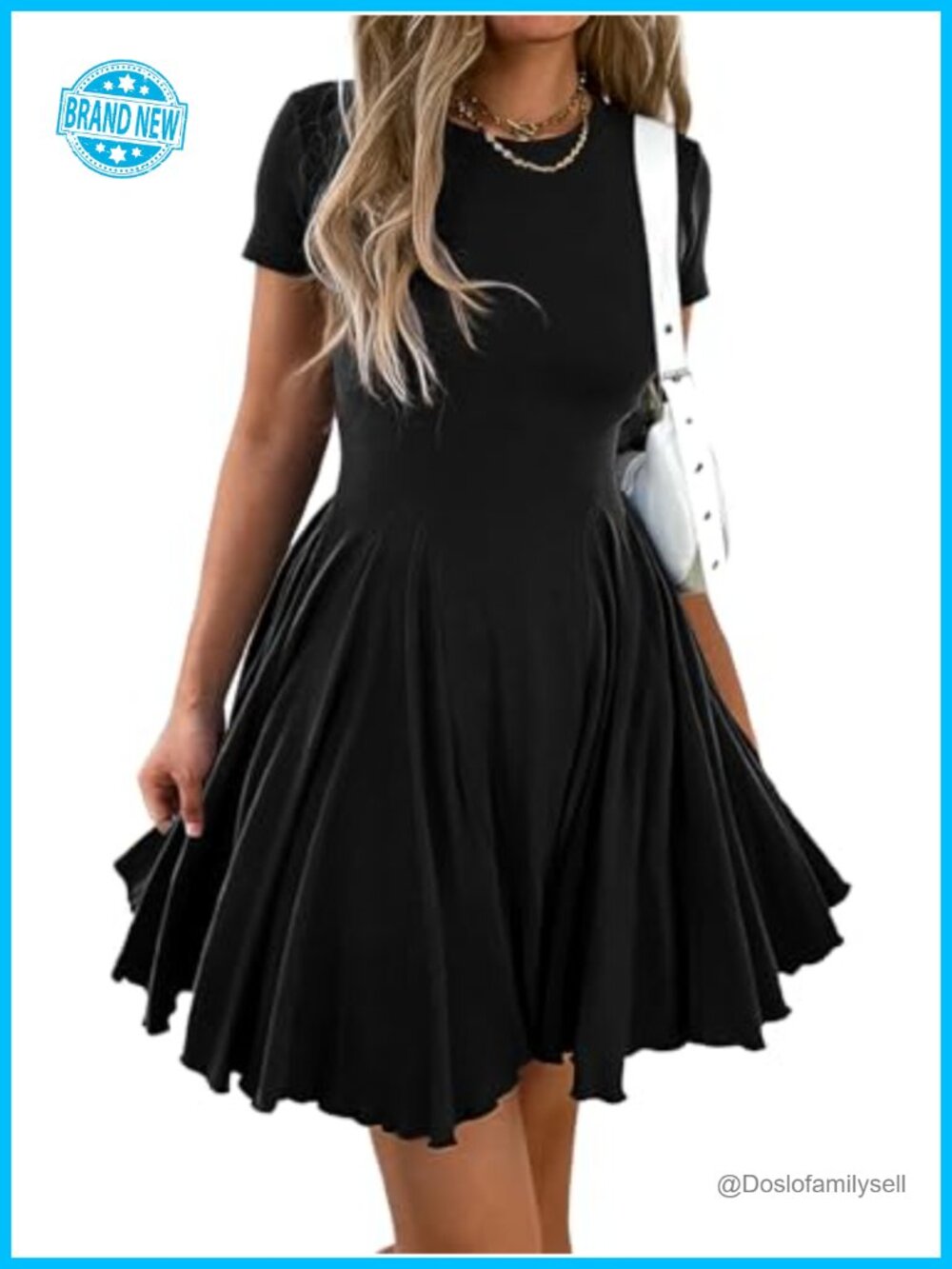 Women Crewneck Fit and Flare Swing Flowy Mini Dress Skater Sundress